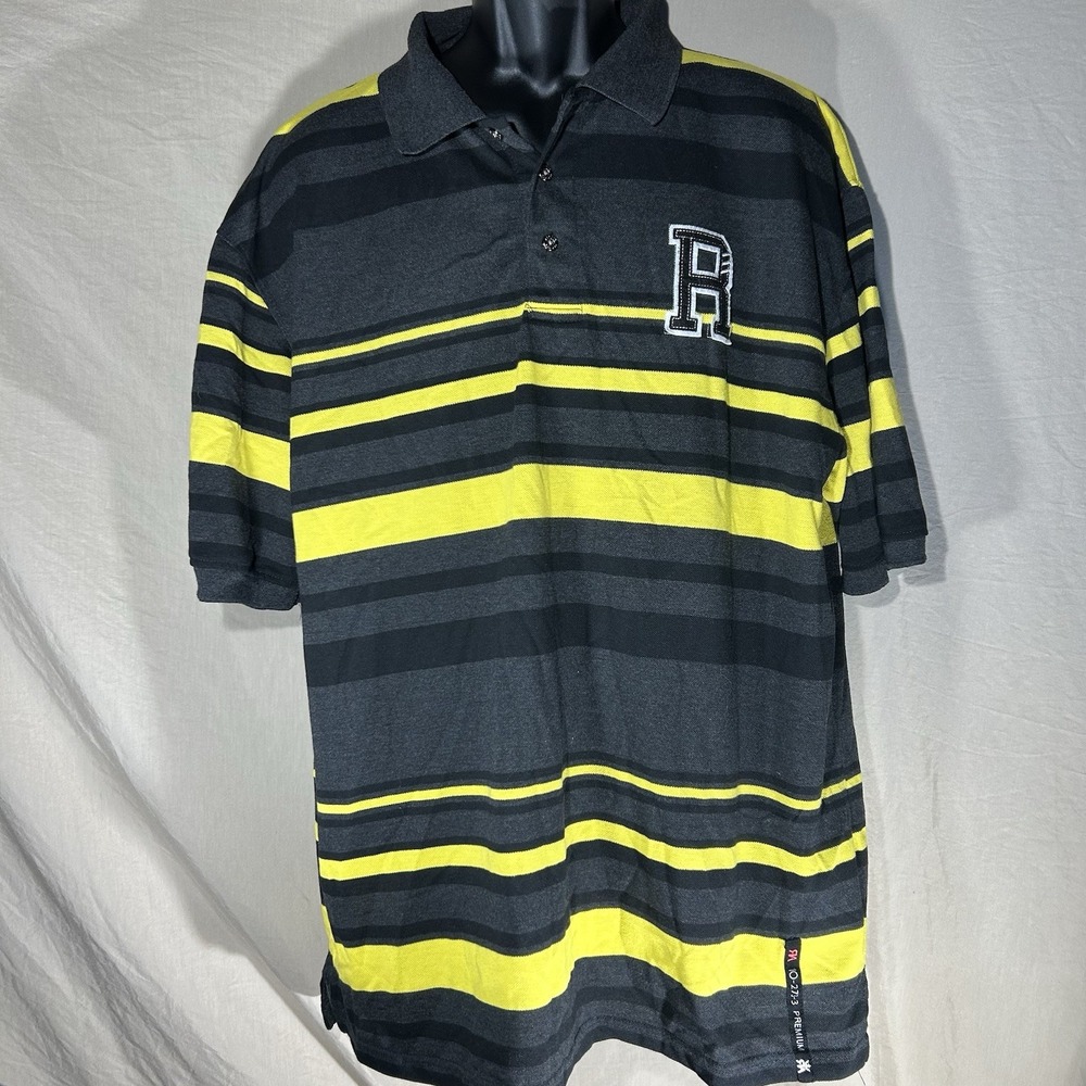 Red Ape Men's Polo Shirt Size 2XL Black Yellow Striped Short Sleeve Embroidered